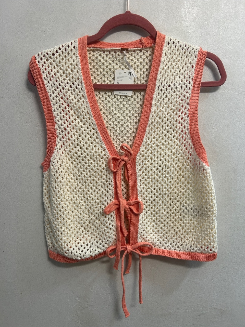 Free people NWT Crochet Tie-Front Vest - Cream with Coral Trim